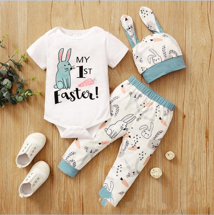 New Easter Print Rabbit Romper Three Piece 2 Colors $21.00 Dana Fashion Color: Light Blue Child size: 100cm Baby Clothing Product information: Style: sweet Suit type: pants suit Number of sets: three sets Suitable age group: infants (1~3 years old, 80~100