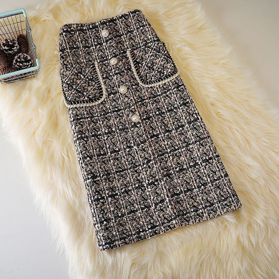 New Fashion Mid-length Female Online Influencer A- Line High Waist Slimming Woolen Plaid Skirt Trendy Style $55.90 Dana Fashion Color: Black Size: 2XL Women's clothing Product information: Pattern: Plaid Color: Golden edge black, black, khaki Main fabric