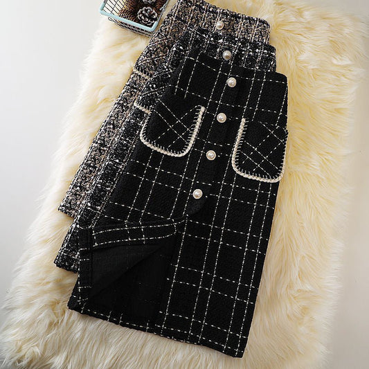 New Fashion Mid-length Female Online Influencer A- Line High Waist Slimming Woolen Plaid Skirt Trendy Style $55.90 Dana Fashion Color: Black Size: 2XL Women's clothing Product information: Pattern: Plaid Color: Golden edge black, black, khaki Main fabric