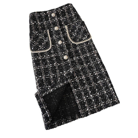 New Fashion Mid-length Female Online Influencer A- Line High Waist Slimming Woolen Plaid Skirt Trendy Style $55.90 Dana Fashion Color: Black Size: 2XL Women's clothing Product information: Pattern: Plaid Color: Golden edge black, black, khaki Main fabric