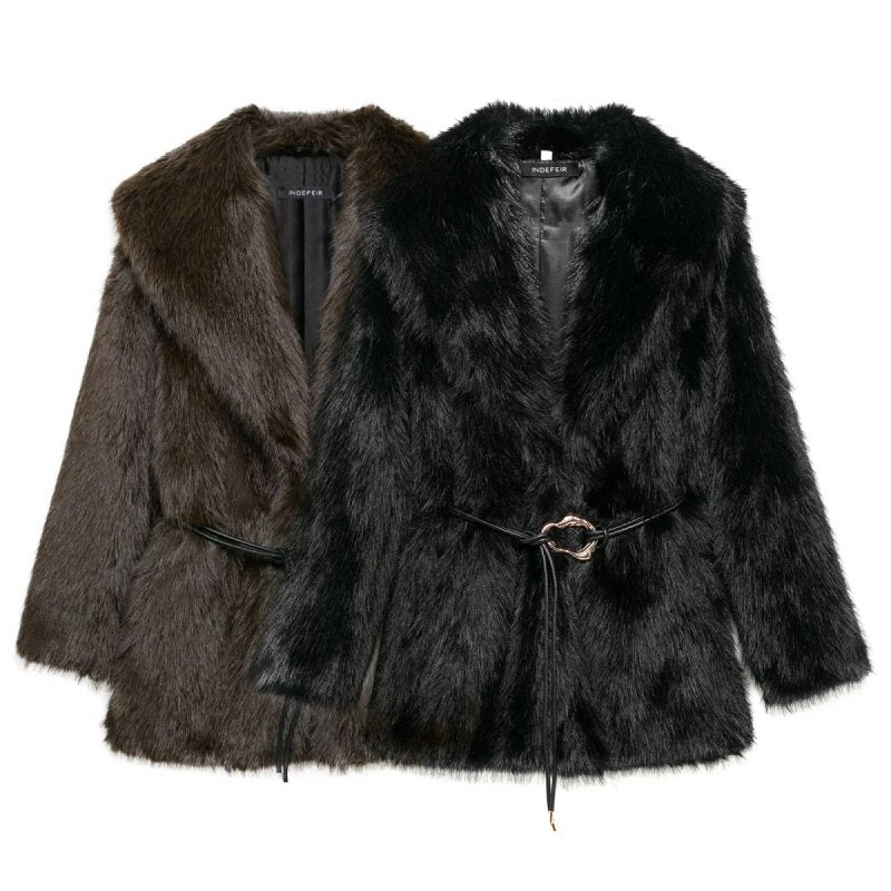 New Faux Fur Plush Lapel And Waist Tight Coat $98.00 Dana Fashion Color: Black Size: L Women's clothing Product information: Pattern: solid color Color: brown, black Size: S,M,L,XS Version: Loose Style type: Street hipster Combination form: Single piece P