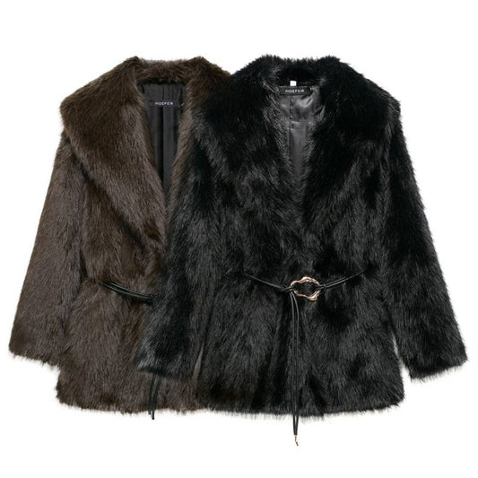 New Faux Fur Plush Lapel And Waist Tight Coat $98.00 Dana Fashion Color: Black Size: L Women's clothing Product information: Pattern: solid color Color: brown, black Size: S,M,L,XS Version: Loose Style type: Street hipster Combination form: Single piece P