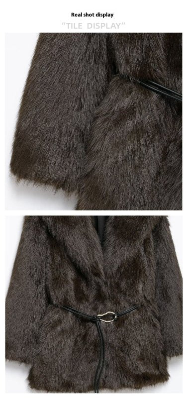 New Faux Fur Plush Lapel And Waist Tight Coat $98.00 Dana Fashion Color: Black Size: L Women's clothing Product information: Pattern: solid color Color: brown, black Size: S,M,L,XS Version: Loose Style type: Street hipster Combination form: Single piece P