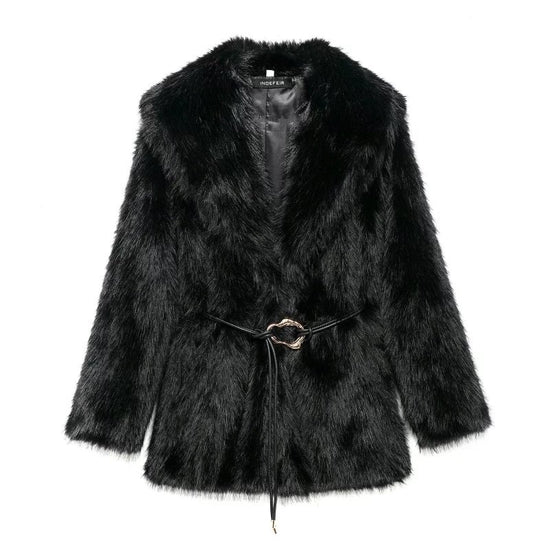 New Faux Fur Plush Lapel And Waist Tight Coat $98.00 Dana Fashion Color: Black Size: L Women's clothing Product information: Pattern: solid color Color: brown, black Size: S,M,L,XS Version: Loose Style type: Street hipster Combination form: Single piece P