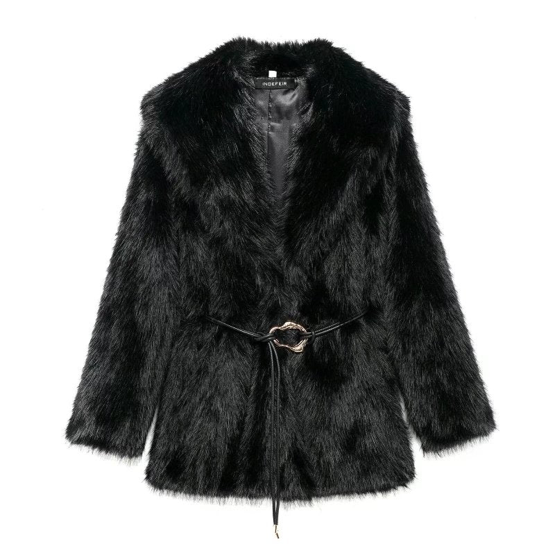 New Faux Fur Plush Lapel And Waist Tight Coat $98.00 Dana Fashion Color: Black Size: L Women's clothing Product information: Pattern: solid color Color: brown, black Size: S,M,L,XS Version: Loose Style type: Street hipster Combination form: Single piece P