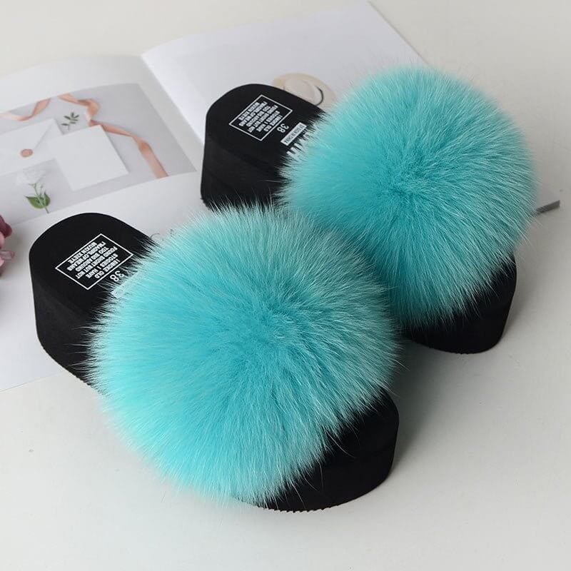 New Fox Fur Women's Sandals Height Increasing Leisure $89.00 Dana Fashion Color: Lake Blue Size: 35 Women's shoes Product information: Pattern: solid color Color: yellow, black, dark gray, red, goose yellow, fruit Green, naked Pink, Lake Blue, caramel, wi