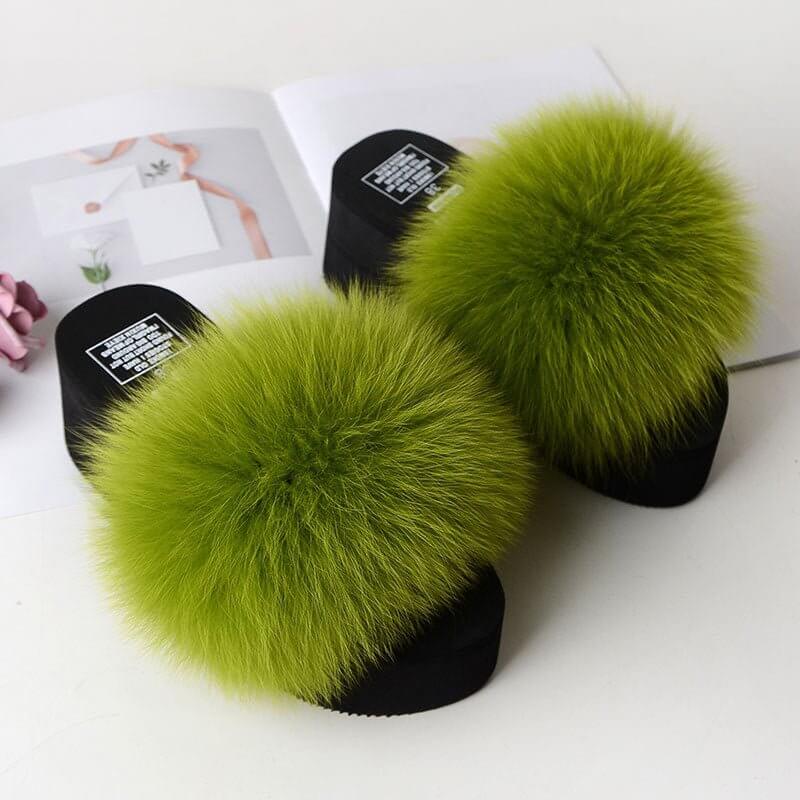 New Fox Fur Women's Sandals Height Increasing Leisure $89.00 Dana Fashion Color: Fruit Green Size: 35 Women's shoes Product information: Pattern: solid color Color: yellow, black, dark gray, red, goose yellow, fruit Green, naked Pink, Lake Blue, caramel,