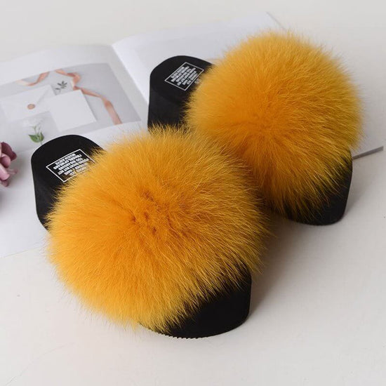 New Fox Fur Women's Sandals Height Increasing Leisure $89.00 Dana Fashion Color: Goose Yellow Size: 35 Women's shoes Product information: Pattern: solid color Color: yellow, black, dark gray, red, goose yellow, fruit Green, naked Pink, Lake Blue, caramel,