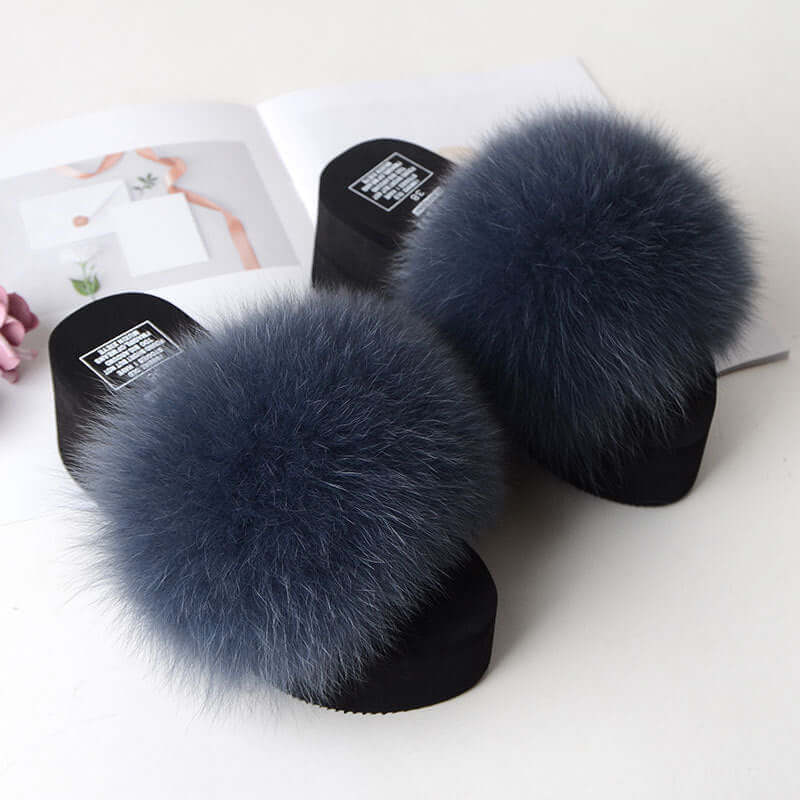 New Fox Fur Women's Sandals Height Increasing Leisure $89.00 Dana Fashion Color: Dark Gray Size: 35 Women's shoes Product information: Pattern: solid color Color: yellow, black, dark gray, red, goose yellow, fruit Green, naked Pink, Lake Blue, caramel, wi