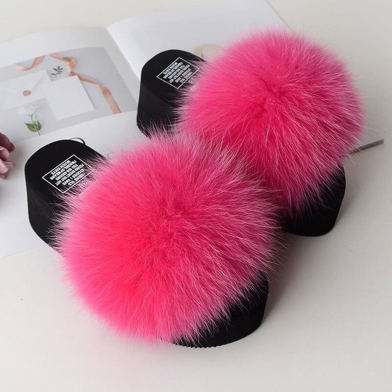 New Fox Fur Women's Sandals Height Increasing Leisure $89.00 Dana Fashion Color: Rose Red Size: 35 Women's shoes Product information: Pattern: solid color Color: yellow, black, dark gray, red, goose yellow, fruit Green, naked Pink, Lake Blue, caramel, win
