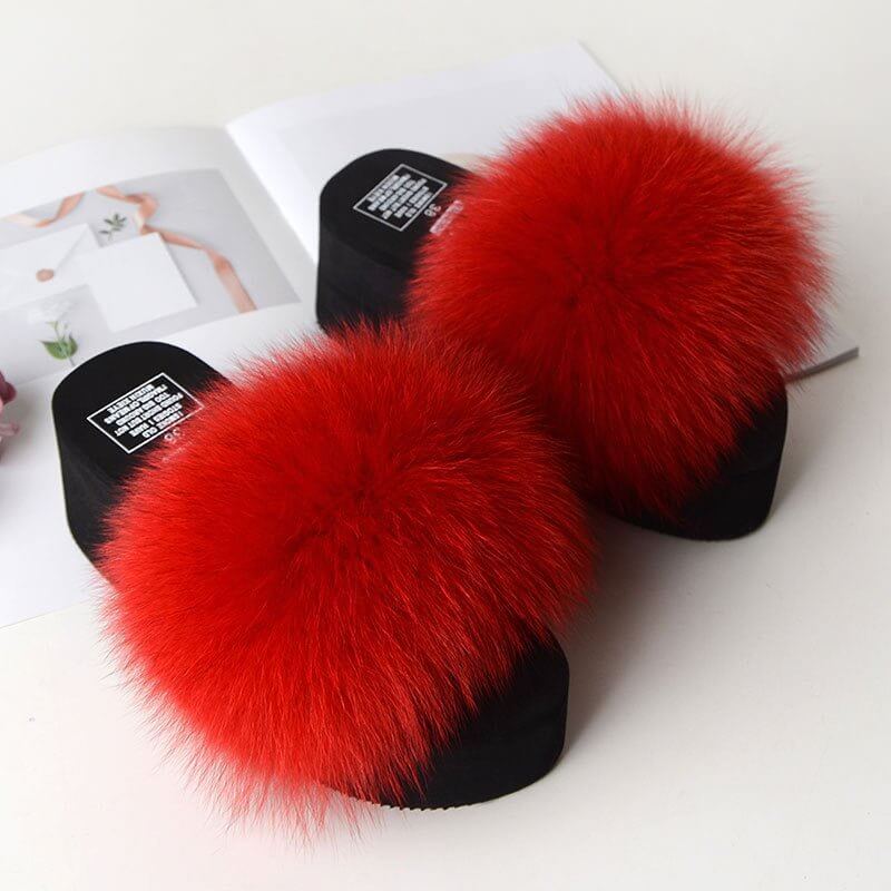 New Fox Fur Women's Sandals Height Increasing Leisure $89.00 Dana Fashion Color: Bright Red Size: 35 Women's shoes Product information: Pattern: solid color Color: yellow, black, dark gray, red, goose yellow, fruit Green, naked Pink, Lake Blue, caramel, w