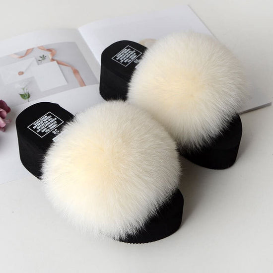 New Fox Fur Women's Sandals Height Increasing Leisure $89.00 Dana Fashion Color: Beige Size: 35 Women's shoes Product information: Pattern: solid color Color: yellow, black, dark gray, red, goose yellow, fruit Green, naked Pink, Lake Blue, caramel, wine r