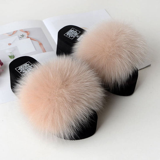 New Fox Fur Women's Sandals Height Increasing Leisure $89.00 Dana Fashion Color: Nude Pink Size: 35 Women's shoes Product information: Pattern: solid color Color: yellow, black, dark gray, red, goose yellow, fruit Green, naked Pink, Lake Blue, caramel, wi