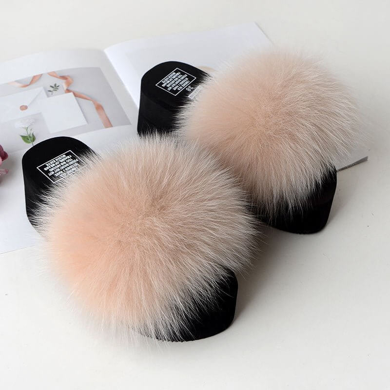 New Fox Fur Women's Sandals Height Increasing Leisure $89.00 Dana Fashion Color: Nude Pink Size: 35 Women's shoes Product information: Pattern: solid color Color: yellow, black, dark gray, red, goose yellow, fruit Green, naked Pink, Lake Blue, caramel, wi