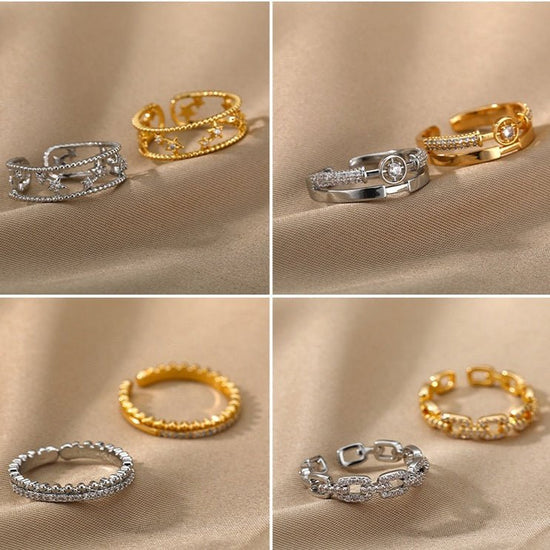 New Letter V Open-end Zircon Ring Double Layer $15.70 Dana Fashion Color: 2 Gold Size: Adjustable Opening Women's Accessories Product information: Type: Ring Treatment Process: gold inlaid Color: 2 [gold], 2 [white and gold], 3 [gold], 3 [white and gold],