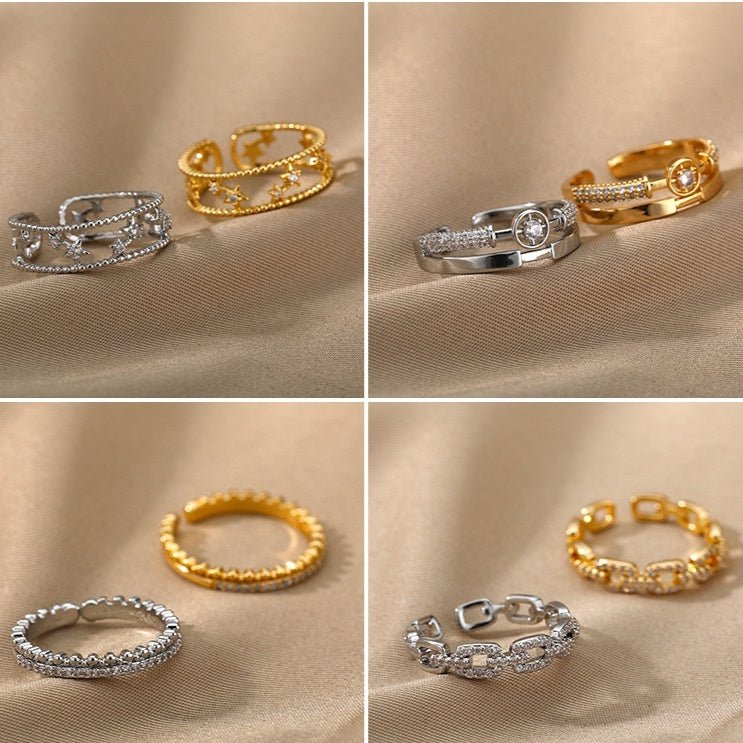 New Letter V Open-end Zircon Ring Double Layer $15.70 Dana Fashion Color: 2 Gold Size: Adjustable Opening Women's Accessories Product information: Type: Ring Treatment Process: gold inlaid Color: 2 [gold], 2 [white and gold], 3 [gold], 3 [white and gold],