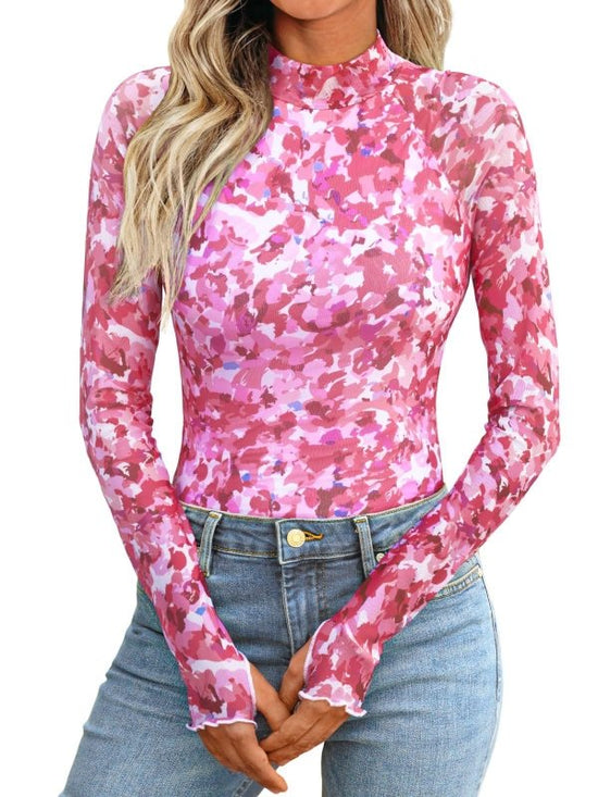 New Mesh Printed Tape Thumb Hole Turtleneck Long Sleeve Bottoming Shirt $41.89 Dana Fashion Color: Red Size: L Women's clothing معلومات المنتج: اللون: أزرق، وردي، أخضر فاتح، أحمر، أسود المقاس: S، M، L، XL، XXL الطراز: قصة ضيقة الطراز: بلوزة اسم القماش: بو