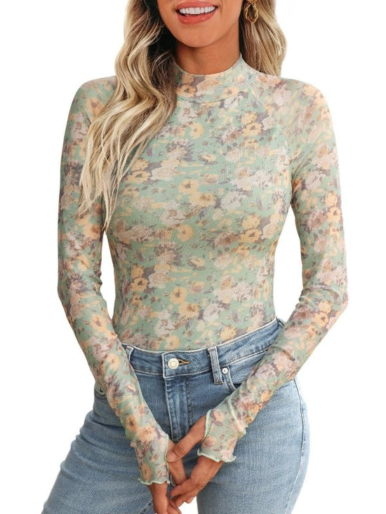 New Mesh Printed Tape Thumb Hole Turtleneck Long Sleeve Bottoming Shirt $41.89 Dana Fashion Color: Light Green Size: L Women's clothing معلومات المنتج: اللون: أزرق، وردي، أخضر فاتح، أحمر، أسود المقاس: S، M، L، XL، XXL الطراز: قصة ضيقة الطراز: بلوزة اسم ال