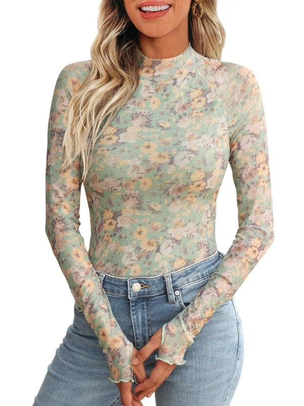 New Mesh Printed Tape Thumb Hole Turtleneck Long Sleeve Bottoming Shirt $41.89 Dana Fashion Color: Light Green Size: L Women's clothing معلومات المنتج: اللون: أزرق، وردي، أخضر فاتح، أحمر، أسود المقاس: S، M، L، XL، XXL الطراز: قصة ضيقة الطراز: بلوزة اسم ال