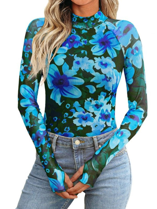 New Mesh Printed Tape Thumb Hole Turtleneck Long Sleeve Bottoming Shirt $41.89 Dana Fashion Color: Blue Size: L Women's clothing معلومات المنتج: اللون: أزرق، وردي، أخضر فاتح، أحمر، أسود المقاس: S، M، L، XL، XXL الطراز: قصة ضيقة الطراز: بلوزة اسم القماش: ب