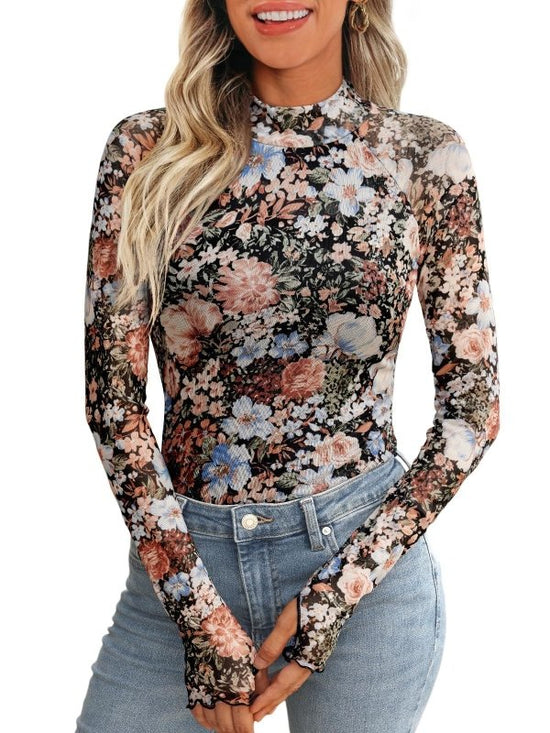 New Mesh Printed Tape Thumb Hole Turtleneck Long Sleeve Bottoming Shirt $41.89 Dana Fashion Color: Black Size: L Women's clothing معلومات المنتج: اللون: أزرق، وردي، أخضر فاتح، أحمر، أسود المقاس: S، M، L، XL، XXL الطراز: قصة ضيقة الطراز: بلوزة اسم القماش: