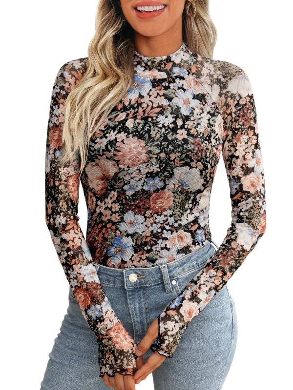 New Mesh Printed Tape Thumb Hole Turtleneck Long Sleeve Bottoming Shirt $41.89 Dana Fashion Color: Black Size: L Women's clothing معلومات المنتج: اللون: أزرق، وردي، أخضر فاتح، أحمر، أسود المقاس: S، M، L، XL، XXL الطراز: قصة ضيقة الطراز: بلوزة اسم القماش:
