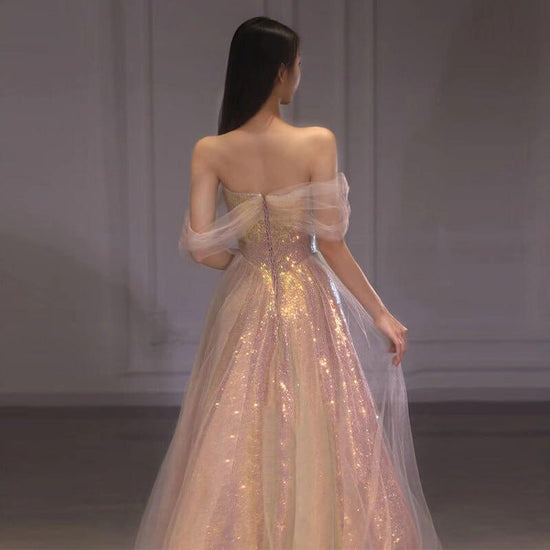New Mesh Slimming Annual Party Banquet Host Mermaid Off-shoulder Evening Dress For Women $99.90 Dana Fashion Color: Colorful Size: L Women's clothing Product information: Fabric name: Polyester Color: Mermaid/colorful Sleeve type: regular sleeve Main fabr