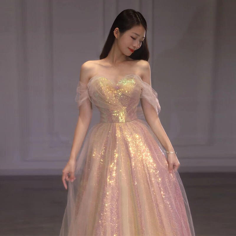 New Mesh Slimming Annual Party Banquet Host Mermaid Off-shoulder Evening Dress For Women $99.90 Dana Fashion Color: Colorful Size: L Women's clothing Product information: Fabric name: Polyester Color: Mermaid/colorful Sleeve type: regular sleeve Main fabr