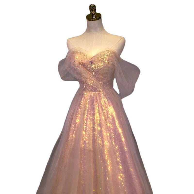 New Mesh Slimming Annual Party Banquet Host Mermaid Off-shoulder Evening Dress For Women $99.90 Dana Fashion Color: Colorful Size: L Women's clothing Product information: Fabric name: Polyester Color: Mermaid/colorful Sleeve type: regular sleeve Main fabr