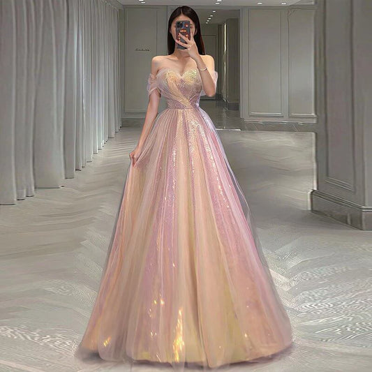 New Mesh Slimming Annual Party Banquet Host Mermaid Off-shoulder Evening Dress For Women $99.90 Dana Fashion Color: Colorful Size: L Women's clothing Product information: Fabric name: Polyester Color: Mermaid/colorful Sleeve type: regular sleeve Main fabr