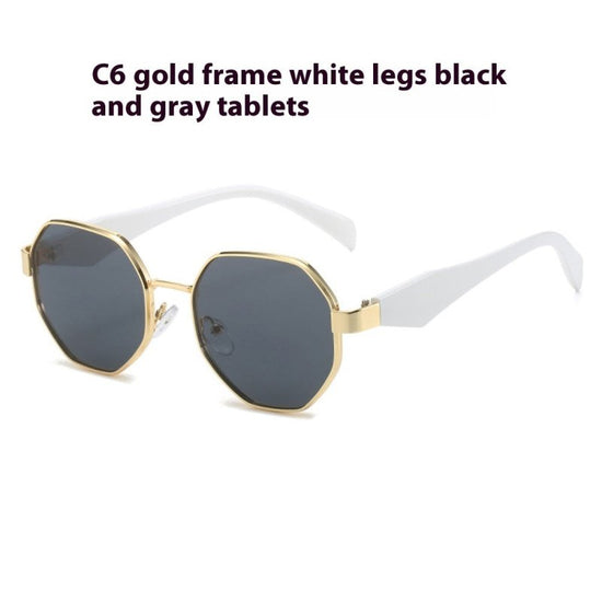 New Polygonal Sunglasses Wide Leg Metal Large Rim Sunglasses Women $19.34 Dana Fashion Colour: C6 Women's Accessories Product information: Color: C1: gold frame black leg black and gray lens sunglasses, C2: gold frame beige leg black and gray lens sunglas