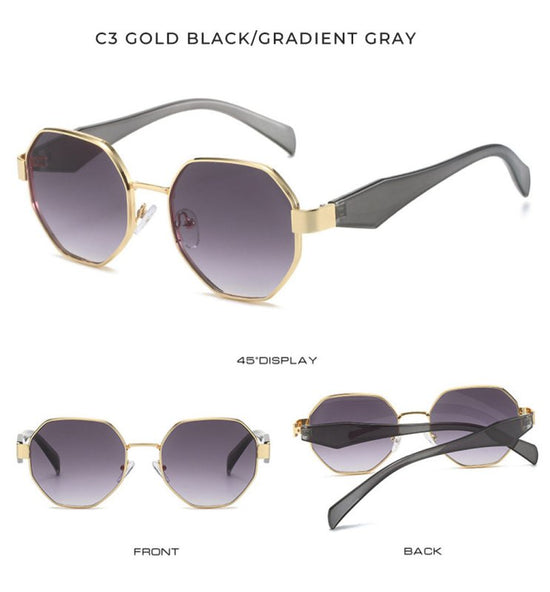 New Polygonal Sunglasses Wide Leg Metal Large Rim Sunglasses Women $19.34 Dana Fashion Colour: C1 Women's Accessories Product information: Color: C1: gold frame black leg black and gray lens sunglasses, C2: gold frame beige leg black and gray lens sunglas