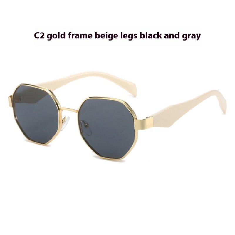 New Polygonal Sunglasses Wide Leg Metal Large Rim Sunglasses Women $19.34 Dana Fashion Colour: C2 Women's Accessories Product information: Color: C1: gold frame black leg black and gray lens sunglasses, C2: gold frame beige leg black and gray lens sunglas