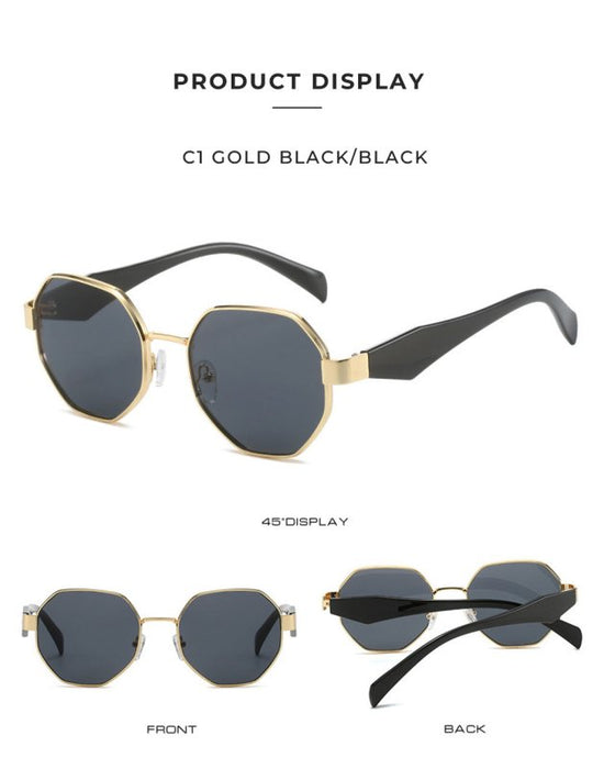 New Polygonal Sunglasses Wide Leg Metal Large Rim Sunglasses Women $19.34 Dana Fashion Colour: C1 Women's Accessories Product information: Color: C1: gold frame black leg black and gray lens sunglasses, C2: gold frame beige leg black and gray lens sunglas