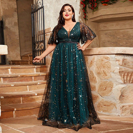 New Shiny Crystal Puff Sleeve V-neck Dress $120.00 Dana Fashion Color: Picture Color Size: 0XL Women's clothing Product information: Color: Picture color Size: 0XL,1XL,2XL,3XL,4XL Fabric name: Polyester Applicable Gender: Female Sleeve length: short sleev