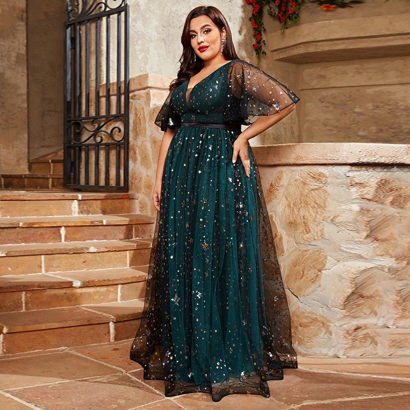 New Shiny Crystal Puff Sleeve V-neck Dress $120.00 Dana Fashion Color: Picture Color Size: 0XL Women's clothing Product information: Color: Picture color Size: 0XL,1XL,2XL,3XL,4XL Fabric name: Polyester Applicable Gender: Female Sleeve length: short sleev