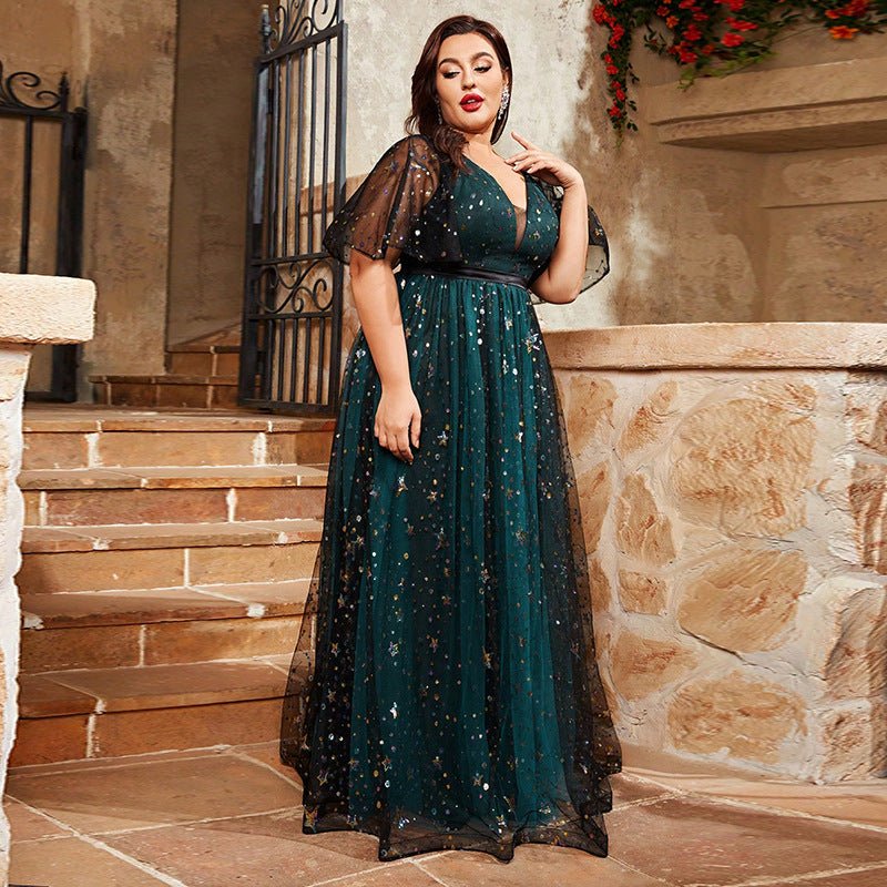 New Shiny Crystal Puff Sleeve V-neck Dress $120.00 Dana Fashion Color: Picture Color Size: 0XL Women's clothing Product information: Color: Picture color Size: 0XL,1XL,2XL,3XL,4XL Fabric name: Polyester Applicable Gender: Female Sleeve length: short sleev