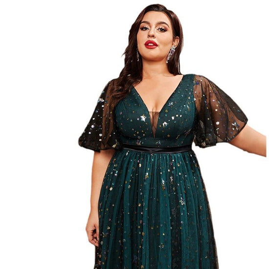 New Shiny Crystal Puff Sleeve V-neck Dress $120.00 Dana Fashion Color: Picture Color Size: 0XL Women's clothing Product information: Color: Picture color Size: 0XL,1XL,2XL,3XL,4XL Fabric name: Polyester Applicable Gender: Female Sleeve length: short sleev