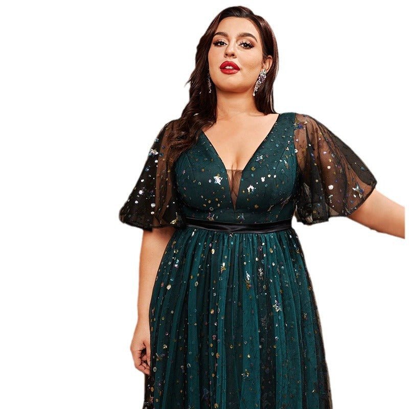 New Shiny Crystal Puff Sleeve V-neck Dress $120.00 Dana Fashion Color: Picture Color Size: 0XL Women's clothing Product information: Color: Picture color Size: 0XL,1XL,2XL,3XL,4XL Fabric name: Polyester Applicable Gender: Female Sleeve length: short sleev