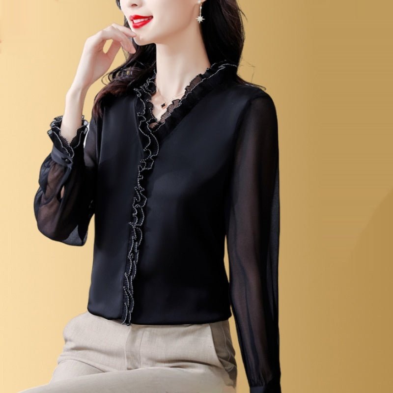 New Solid Color Chiffon Long-sleeved Shirt For Women $49.00 Dana Fashion Color: Black Size: 2XL Women's clothing Product information: Pattern: solid color Fabric name: chiffon Color: black, white, champagne, red, green Sleeve type: shirt sleeve Size: M re