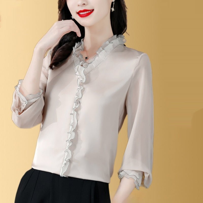 New Solid Color Chiffon Long-sleeved Shirt For Women $49.00 Dana Fashion Color: Champagne Size: 2XL Women's clothing Product information: Pattern: solid color Fabric name: chiffon Color: black, white, champagne, red, green Sleeve type: shirt sleeve Size: