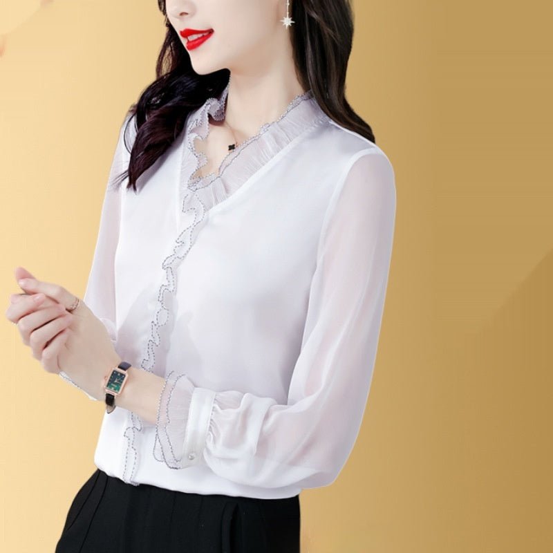 New Solid Color Chiffon Long-sleeved Shirt For Women $49.00 Dana Fashion Color: Black Size: 2XL Women's clothing Product information: Pattern: solid color Fabric name: chiffon Color: black, white, champagne, red, green Sleeve type: shirt sleeve Size: M re