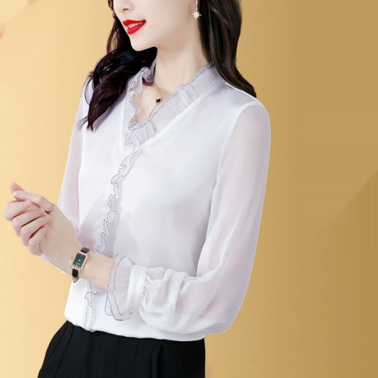 New Solid Color Chiffon Long-sleeved Shirt For Women $49.00 Dana Fashion Color: Black Size: 2XL Women's clothing Product information: Pattern: solid color Fabric name: chiffon Color: black, white, champagne, red, green Sleeve type: shirt sleeve Size: M re