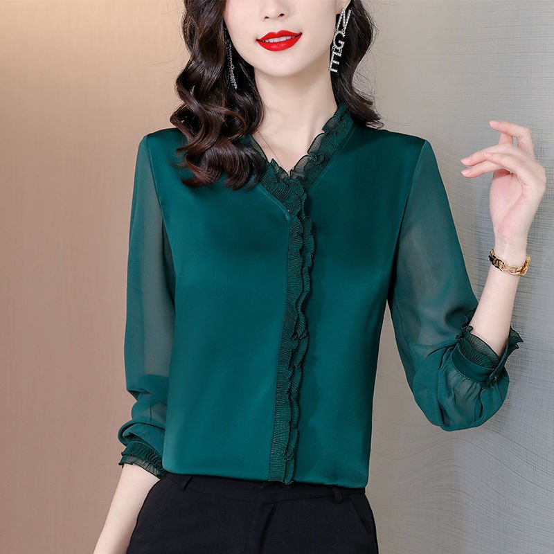 New Solid Color Chiffon Long-sleeved Shirt For Women $49.00 Dana Fashion Color: Green Size: 2XL Women's clothing Product information: Pattern: solid color Fabric name: chiffon Color: black, white, champagne, red, green Sleeve type: shirt sleeve Size: M re