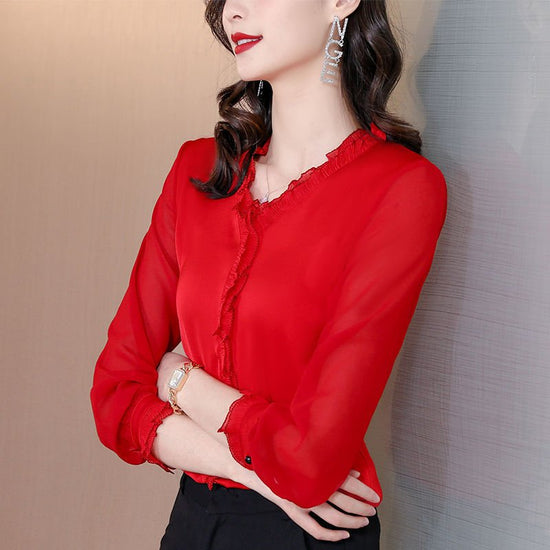New Solid Color Chiffon Long-sleeved Shirt For Women $49.00 Dana Fashion Color: Red Size: 2XL Women's clothing Product information: Pattern: solid color Fabric name: chiffon Color: black, white, champagne, red, green Sleeve type: shirt sleeve Size: M reco