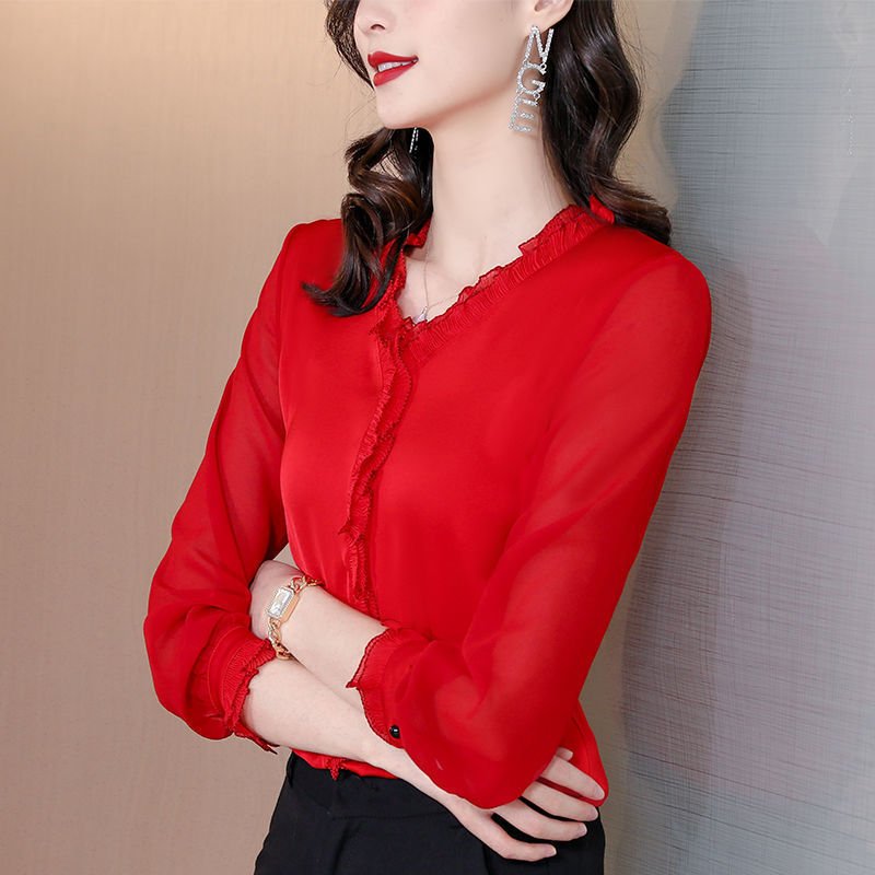 New Solid Color Chiffon Long-sleeved Shirt For Women $49.00 Dana Fashion Color: Red Size: 2XL Women's clothing Product information: Pattern: solid color Fabric name: chiffon Color: black, white, champagne, red, green Sleeve type: shirt sleeve Size: M reco
