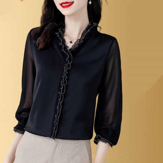 New Solid Color Chiffon Long-sleeved Shirt For Women $49.00 Dana Fashion Color: Black Size: 2XL Women's clothing Product information: Pattern: solid color Fabric name: chiffon Color: black, white, champagne, red, green Sleeve type: shirt sleeve Size: M re