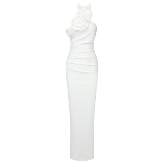 New Style White Ribbon Flower Halter Long High Sense Dress $145.00 Dana Fashion Color: White Size: L Women's clothing Product information: Pattern: solid color Skirt-type: asymmetric skirt Color: white, black, red Waist type: elastic waist Size: XS,S,M,L
