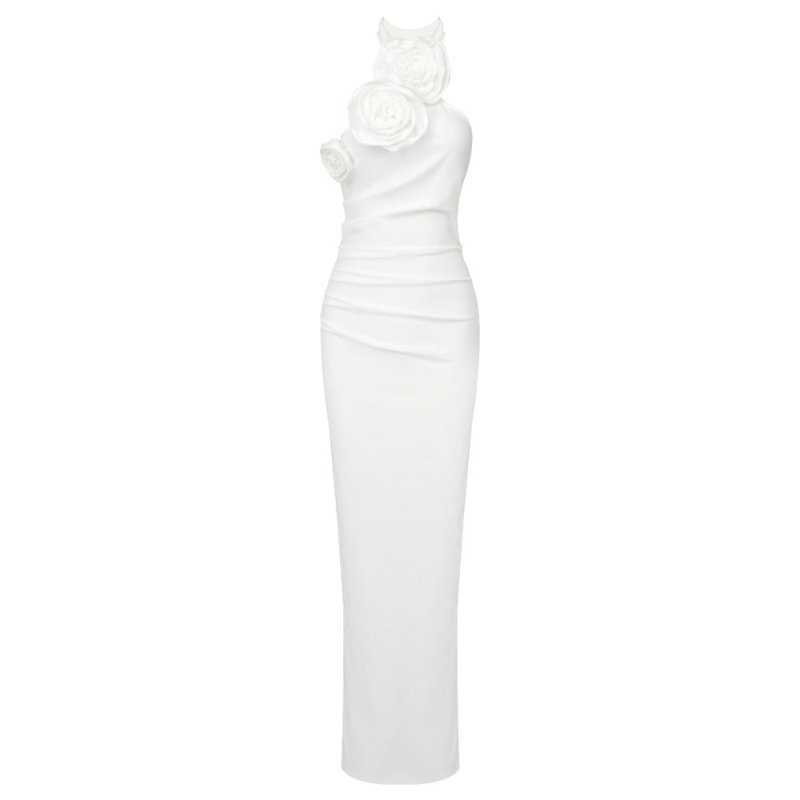 New Style White Ribbon Flower Halter Long High Sense Dress $145.00 Dana Fashion Color: White Size: L Women's clothing Product information: Pattern: solid color Skirt-type: asymmetric skirt Color: white, black, red Waist type: elastic waist Size: XS,S,M,L