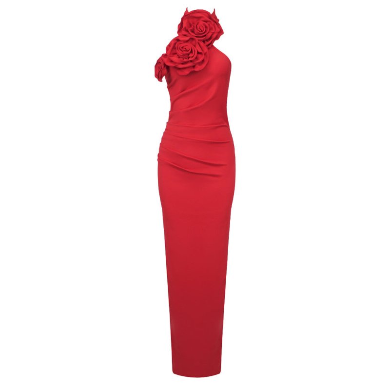 New Style White Ribbon Flower Halter Long High Sense Dress $145.00 Dana Fashion Color: Red Size: L Women's clothing Product information: Pattern: solid color Skirt-type: asymmetric skirt Color: white, black, red Waist type: elastic waist Size: XS,S,M,L St